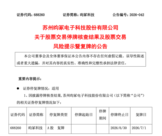 4倍牛股688260，停牌核查完成，明日复牌